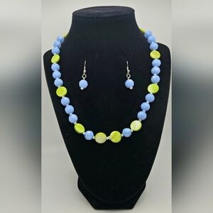 Set of Necklace & Dangle Earrings PIERCED Blue Opaque Glass Green MOP
